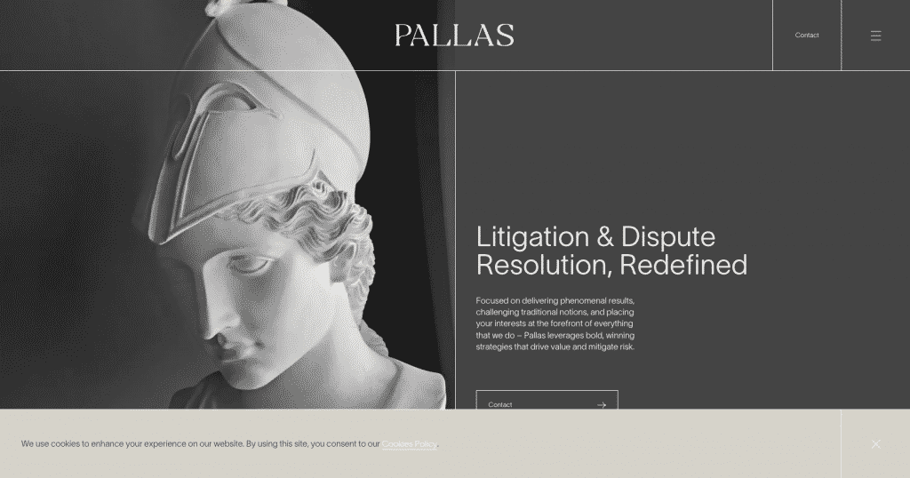 Website-Screenshot von Pallas mit Statue und Text „Litigation & Dispute Resolution, Redefined“