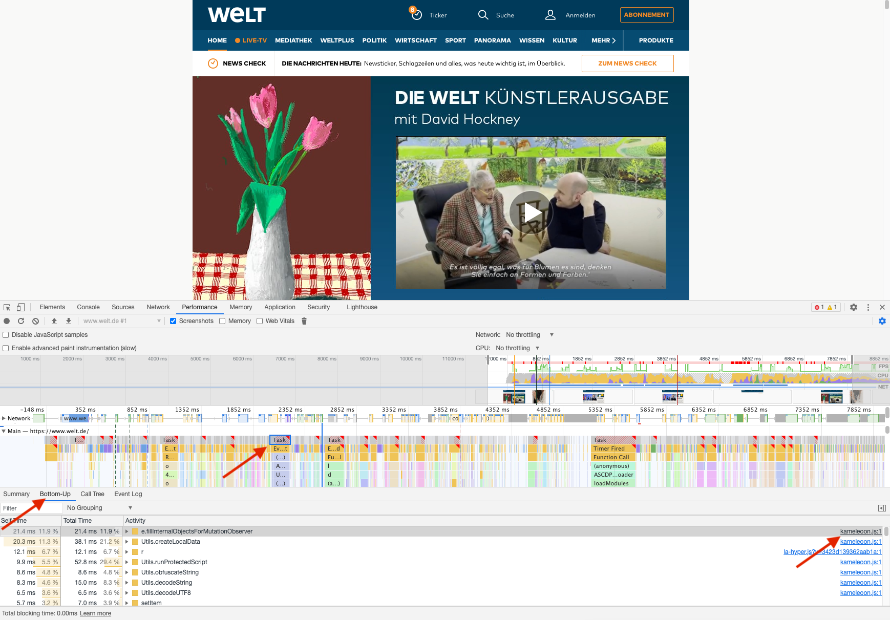 Screenshot der FID-Analyse in den Chrome Developer Tools mit Performance-Details