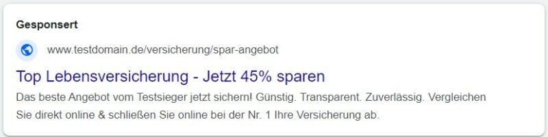 Desktop-Ansicht eines gesponserten Suchergebnisses für Lebensversicherung mit 45 % Rabatt.