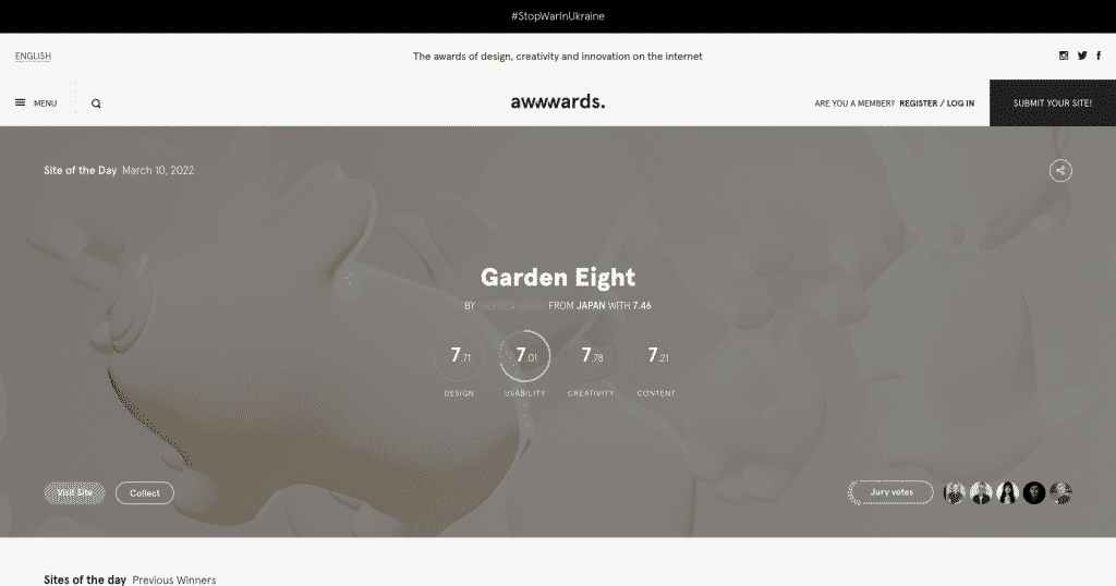 Screenshot der Website von Garden Eight, ausgezeichnet als „Site of the Day“ bei Awwwards