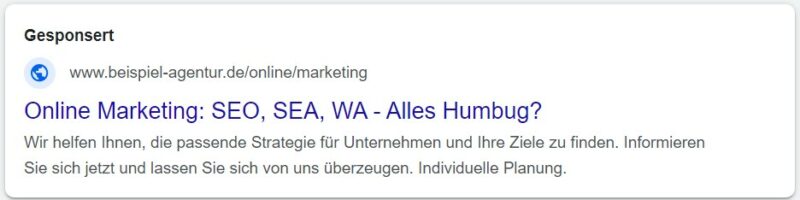 Google Ads Anzeige für Online-Marketing-Strategien, inklusive SEO, SEA und weiteren Werbeoptionen