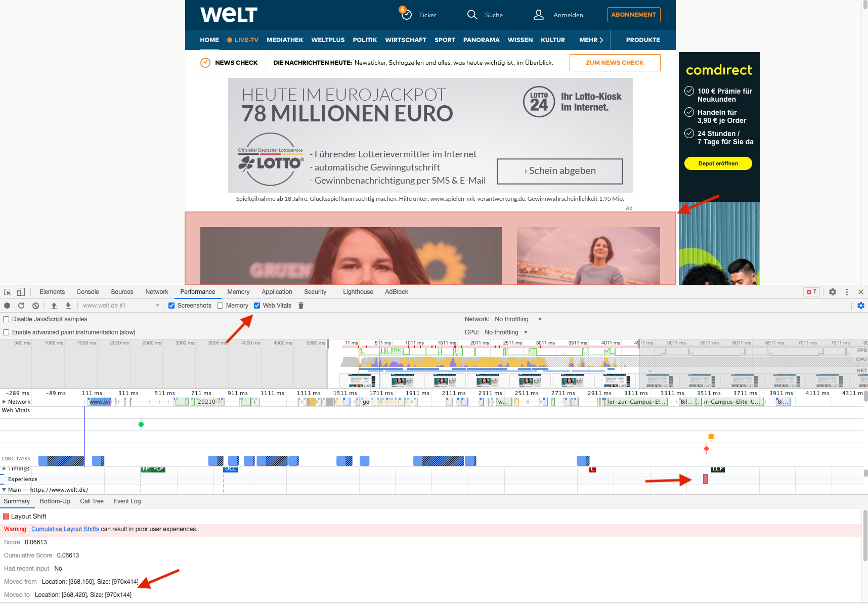 Chrome DevTools-Analyse einer Website mit Layout Shift Messung und Performance-Bericht