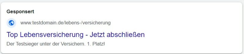 Desktop-Ansicht eines gesponserten Suchergebnisses für Testsieger Lebensversicherung.