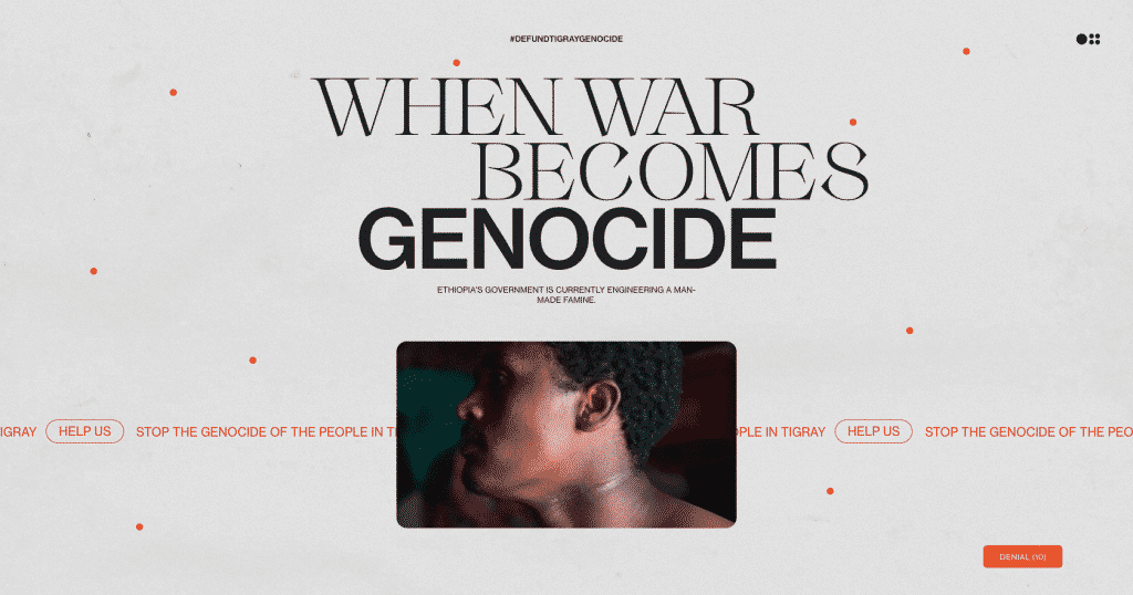 Screenshot der Webseite „Defund Tigray Genocide“ mit Fokus auf humanitäre Hilfe und Aufklärung