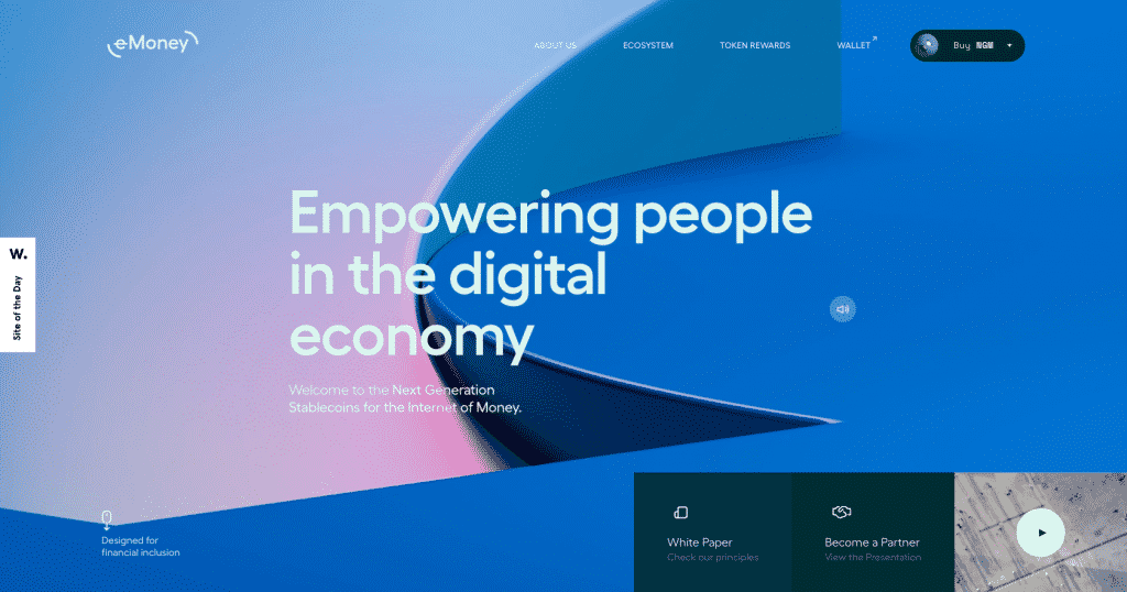 site-Screenshot von eMoney mit blauem Hintergrund und Slogan „Empowering people in the digital economy“
