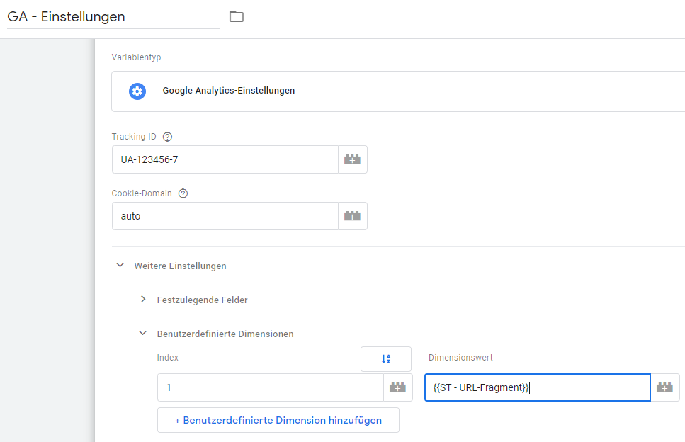 Screenshot von Google Analytics Einstellungen mit URL-Fragment Konfiguration
