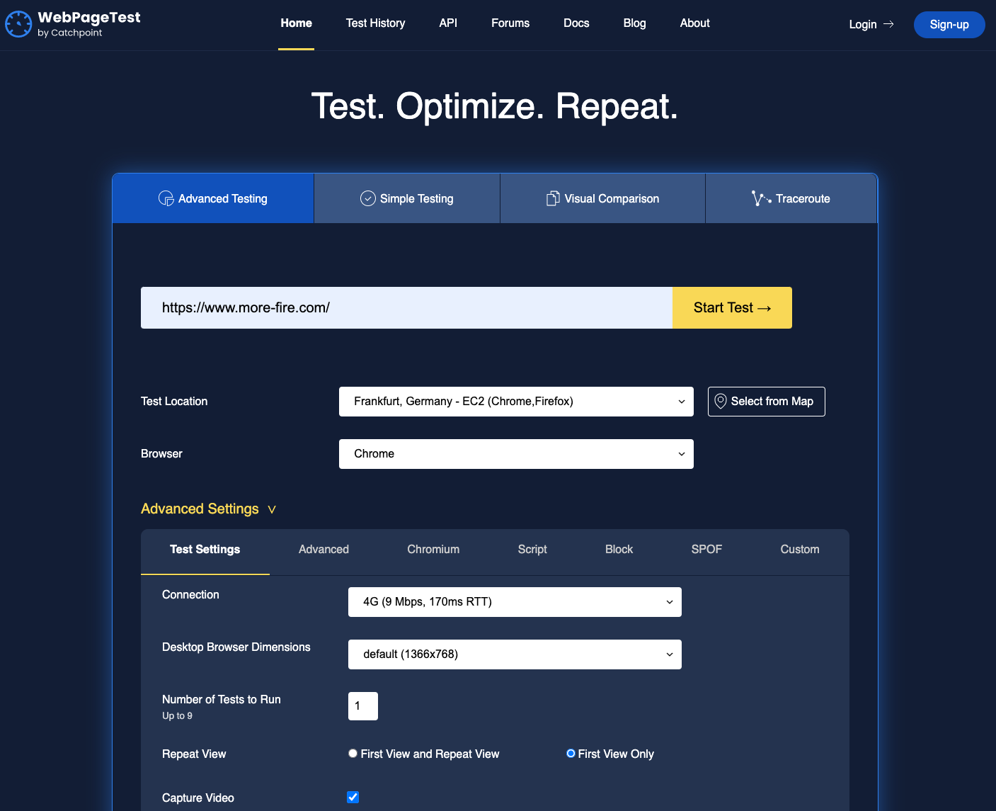Screenshot von WebPageTest zur Durchführung eines Leistungstests für Websites