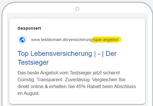 Anzeige zur Lebensversicherung mit 45% Rabatt beim Abschluss im August, präsentiert auf testdomain.de