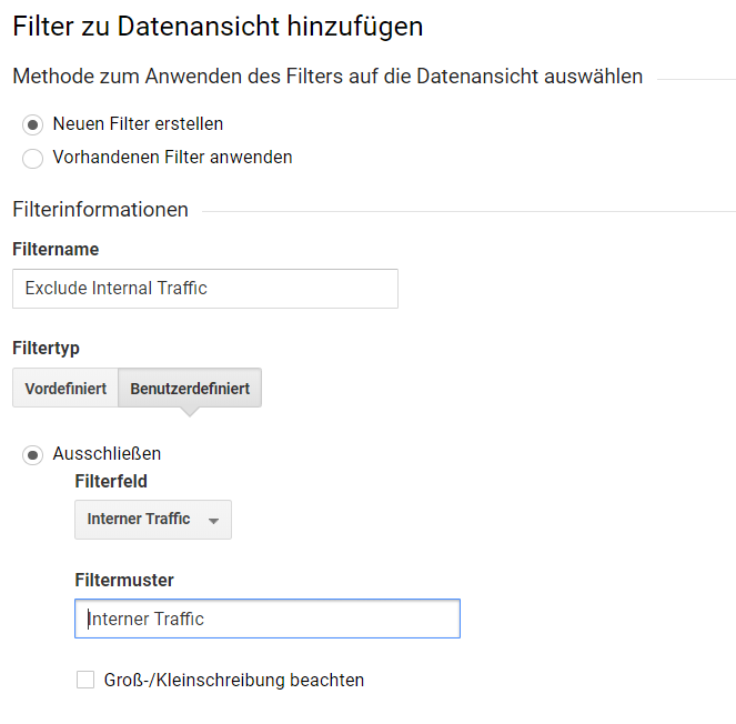 Konfiguration des Filters zum Ausschluss von internem Traffic in Google Analytics