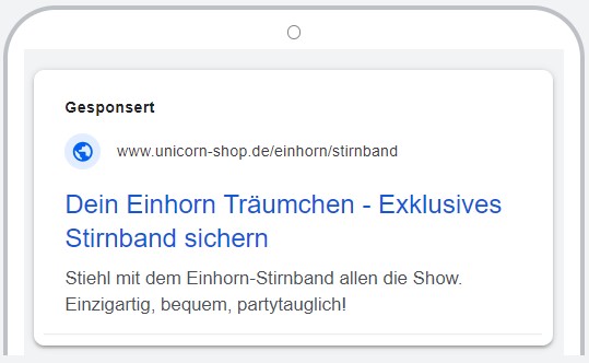 Mobile Google-Anzeige für ein exklusives Einhorn-Stirnband aus einem Online-Shop
