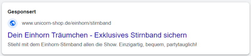  Google-Anzeige für ein exklusives Einhorn-Stirnband aus einem Online-Shop