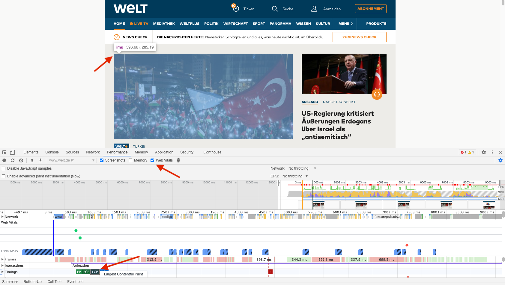 Chrome DevTools Screenshot mit Fokus auf LCP-Messung und Web Vitals