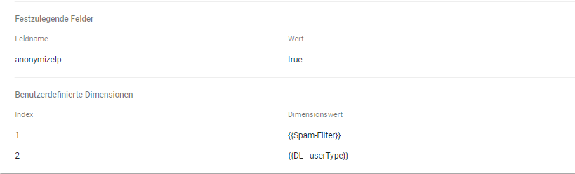 Google Tag Manager Screenshot: Anonymize IP und benutzerdefinierte Dimensionen konfiguriert