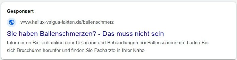Google-Anzeige für Informationen und Hilfe bei Ballenschmerzen mit Fachärzten