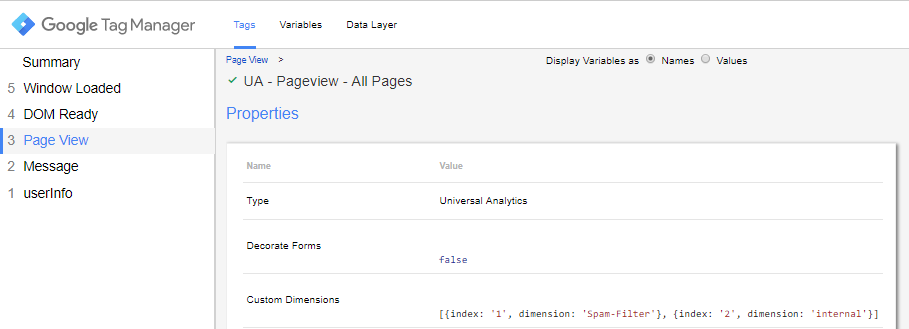 Google Tag Manager Debug Modus zeigt Variablen für Universal Analytics Page View