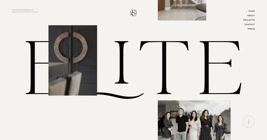 Screenshot der Elite Design Studio-Webseite mit Fokus auf modernes Interior Design