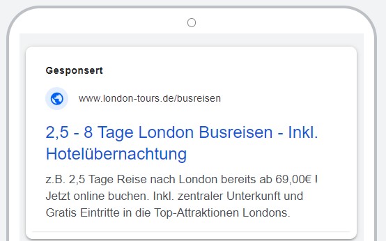 Mobile Google Ads Anzeige für eine 2,5–8-tägige London Busreise mit Hotelübernachtung und Gratis-Eintritten