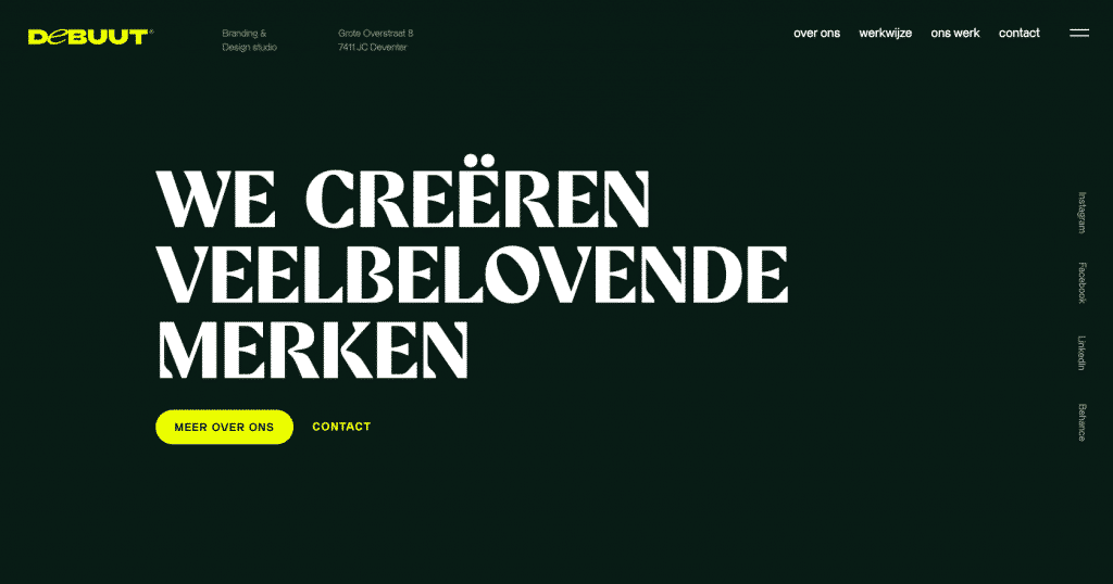 Screenshot der Debuut Studio-Webseite mit Branding-Services und modernem Design