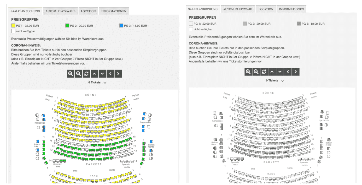 Saalplan zur Sitzplatzbuchung mit verschiedenen Preisgruppen