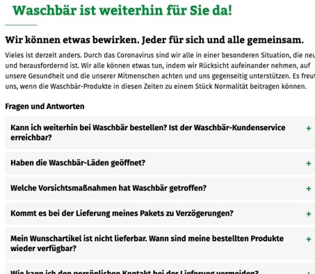 Waschbär Kundeninformationen und FAQs zur Corona-Pandemie