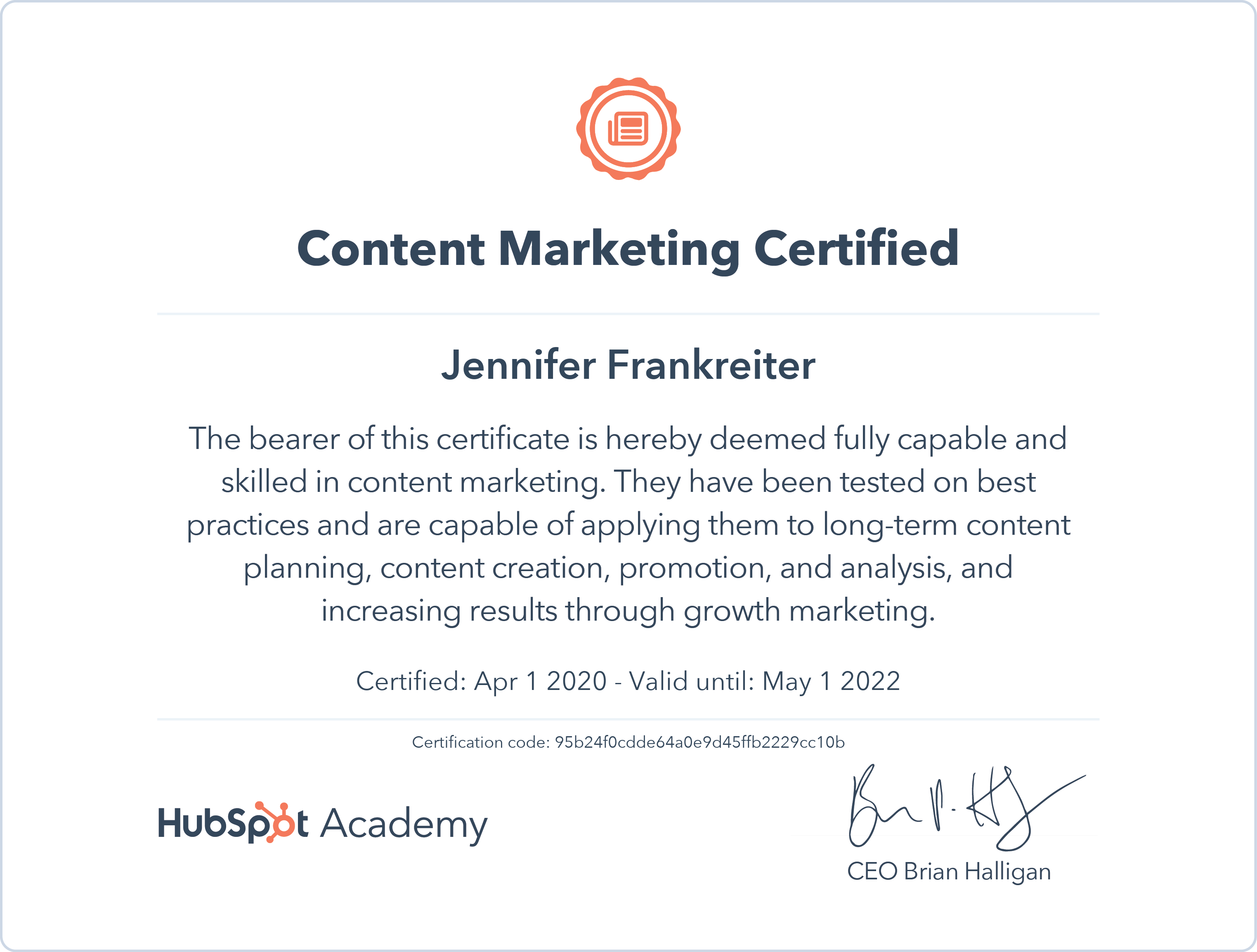 HubSpot Academy Content Marketing Zertifikat für Jennifer Frankreiter
