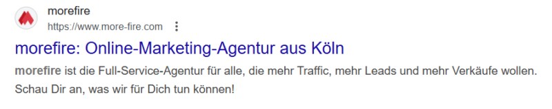 Beispiel für Meta Daten anhand einer Google Suche von morefire