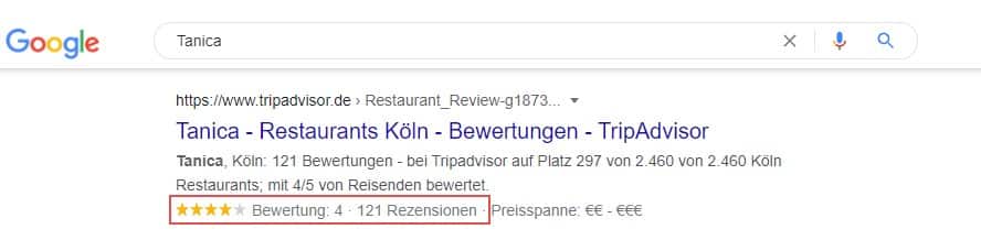 Screenshot von Sternebewertungen in den Google-Suchergebnissen