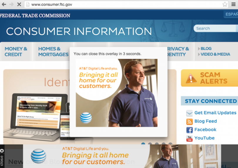 Overlay-Anzeige auf der FTC Consumer Information Website