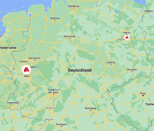 Karte mit den morefire Standorten in Köln und Berlin