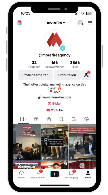 Screenshot des TikTok-Profils von morefire mit Followerzahlen und Videoübersicht