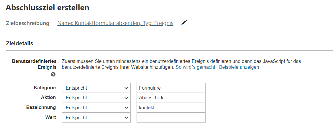 Anleitung zum Erstellen eines Abschlussziels im Analytics, mit benutzerdefinierten Ereignissen wie Kontaktformular