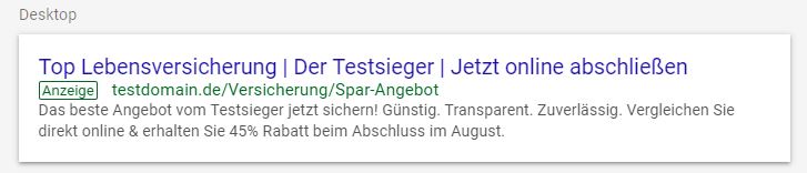 Anzeige für Versicherungen auf Desktop