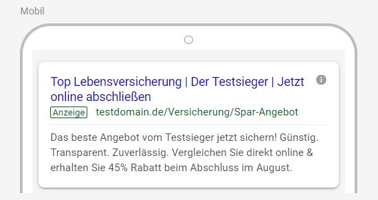 Anzeige für Versicherungen auf Mobilgerät 