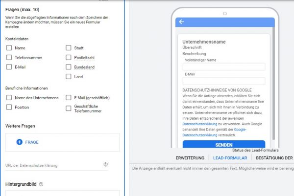 Lead-Formularerweiterung bei Anzeigen