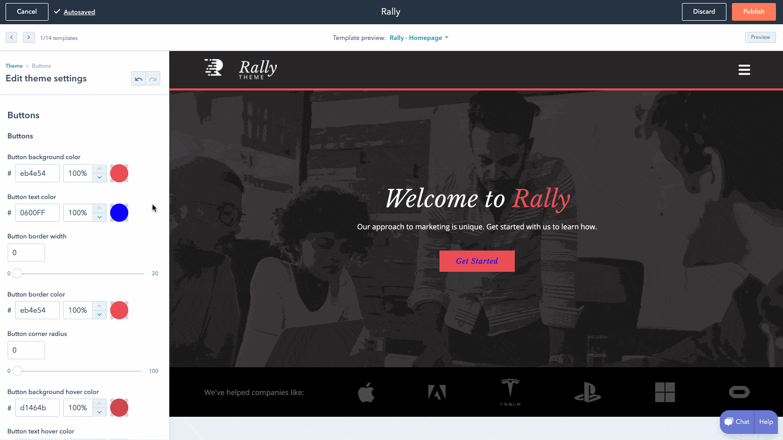 Screenshot der CMS-Theme-Einstellungen mit anpassbaren Schaltflächen in Echtzeit