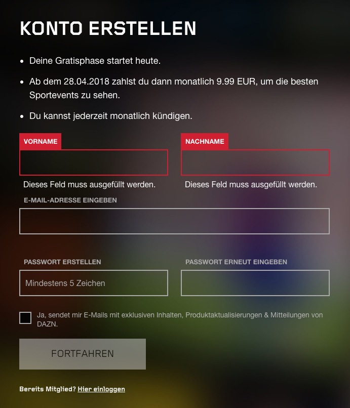 DAZN - Fehlermeldung