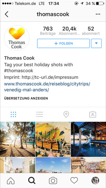 Instagramseite von Thomas Cook