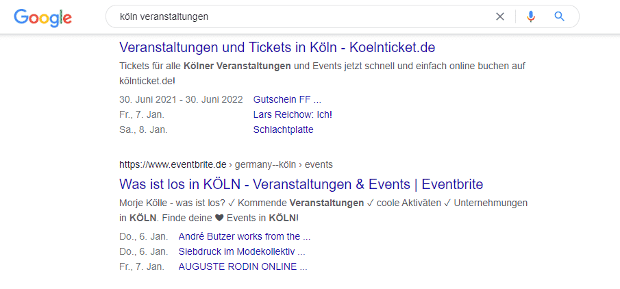 Google-Suchergebnis für Veranstaltungen in Köln mit Event-Links und Ticket-Websites