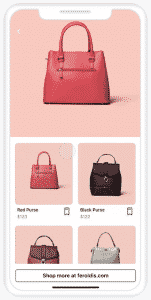 Facebook Collection Ad mit Handtaschen: Rote und schwarze Taschen in einer interaktiven Produktanzeige.