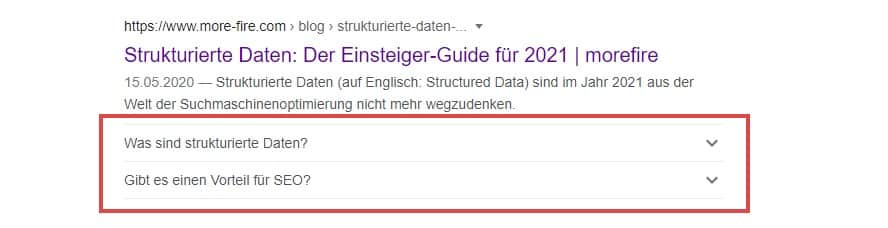 Screenshot der FAQs als Rich Result in der Google-Suche