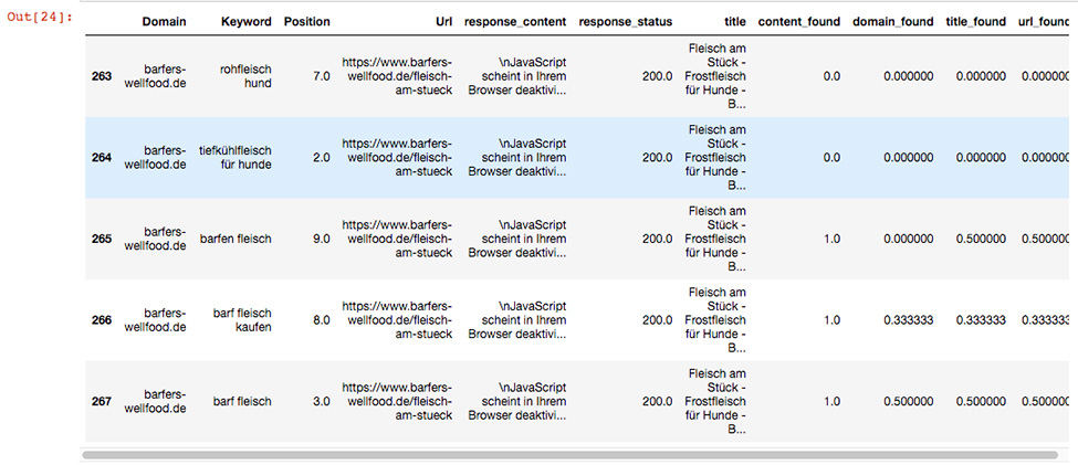 Tabelle mit Positionen, Keywords und URLs von gecrawlten SEO-Daten