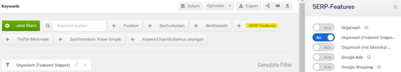 Screenshot der Sistrix SERP-Analyse mit aktivierten SERP-Features