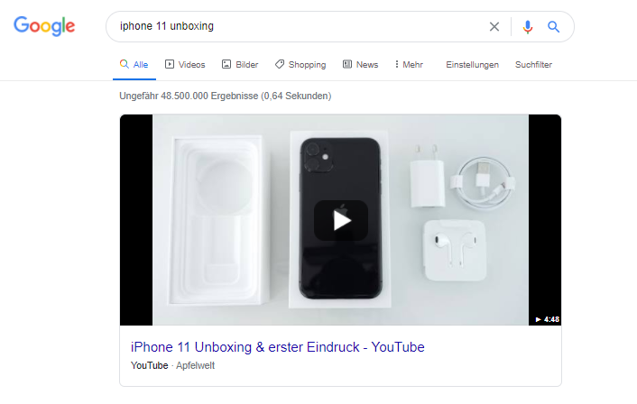 Screenshot eines Featured Snippets mit integriertem YouTube-Video