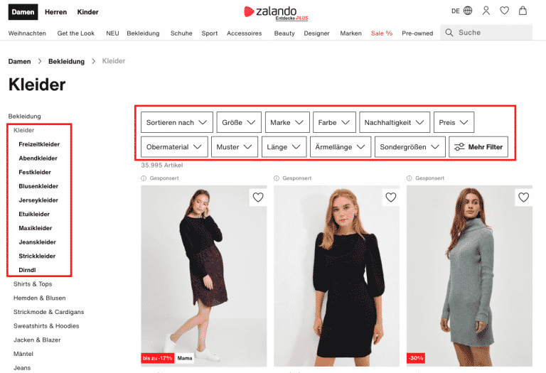 Zalando Filteroptionen für Kleider – Größe, Marke, Farbe und mehr