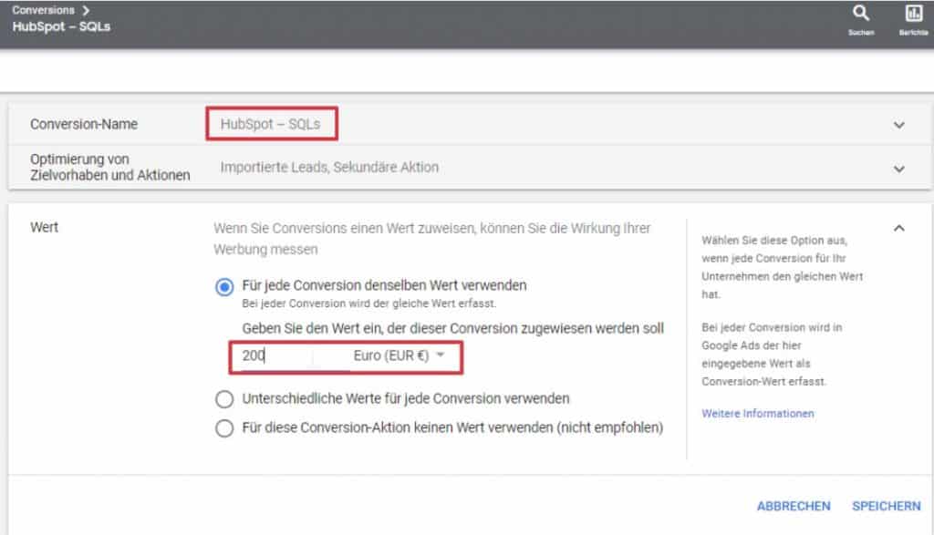 Google Ads Conversion Werte