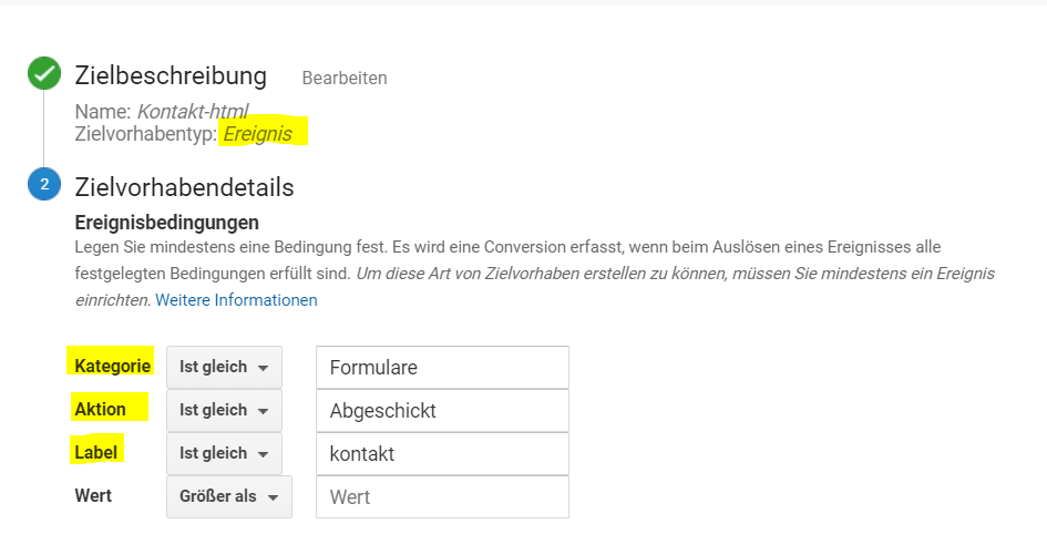 Google Analytics Ereignis-Definition für das Kontakt-Formular mit Kategorie, Aktion und Label