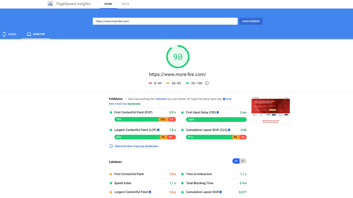 Screenshot des Google PageSpeed Insights Testergebnisses für die morefire Website mit Score 90