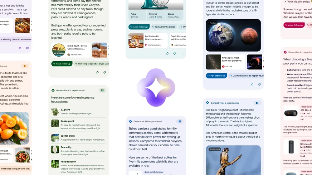 Screenshot von Google SGE (Search Generative Experience) mit Beispielantworten und Benutzeroberfläche