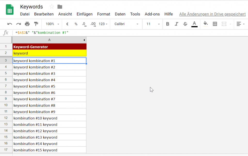 Google Tabellen Keyword Generator
