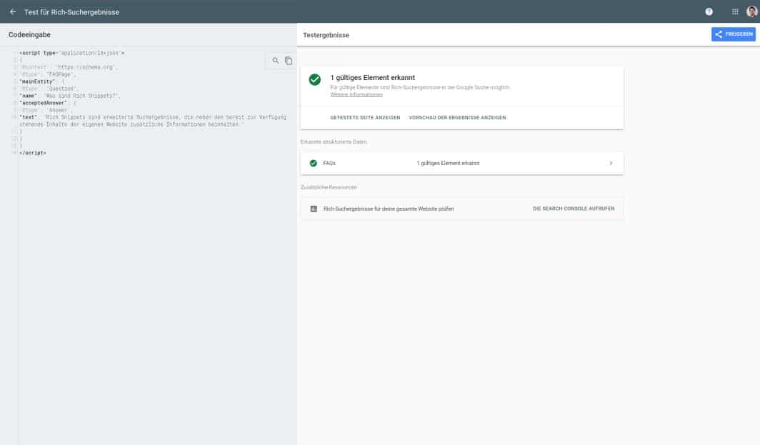 Screenshot des Google Testing Tools mit positivem Ergebnis für strukturierte Daten"
